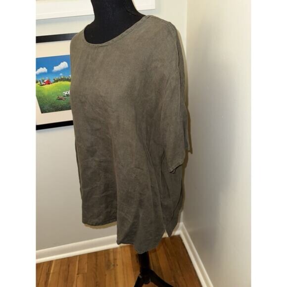 Flax Top Womens Large Green 100% Linen Pullover Boho Lagenlook Shirt - Picture 3 of 6